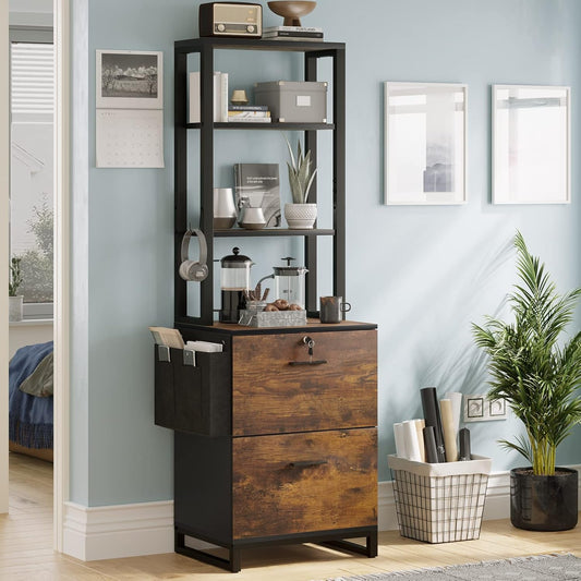 2 Drawer File Cabinet With Lock Rustic Brown For Letter Legal A4 Hanging File Folders Adjustable Shelf