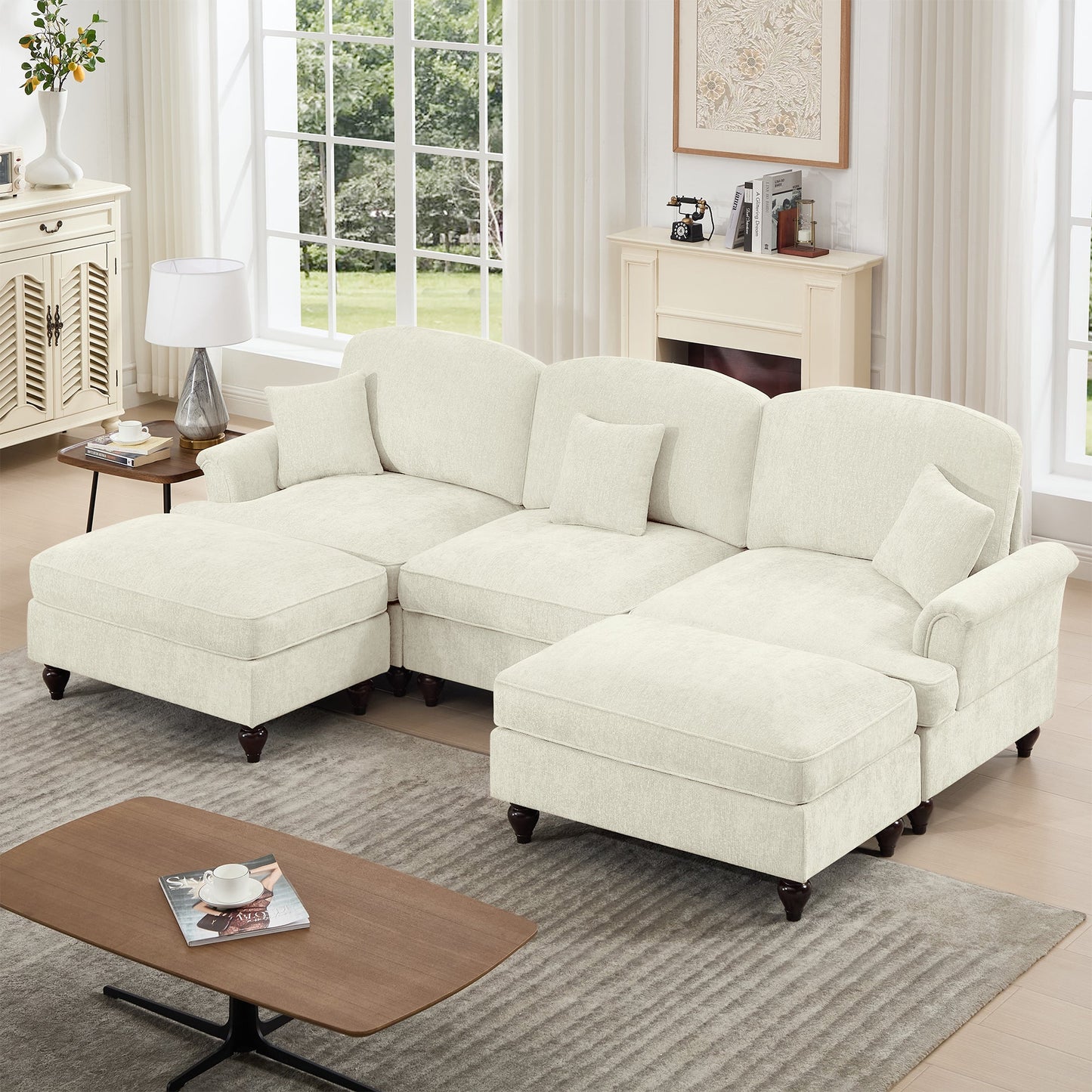 Classic Comfy Modular U Shape Sectional Sofa Couch with Flared Arms and Removable Ruffles Pleats Skirts and Spindle Legs, Upholstered Chenille Deep Seat Cloud Sofa with Movable Ottomans, Beige White