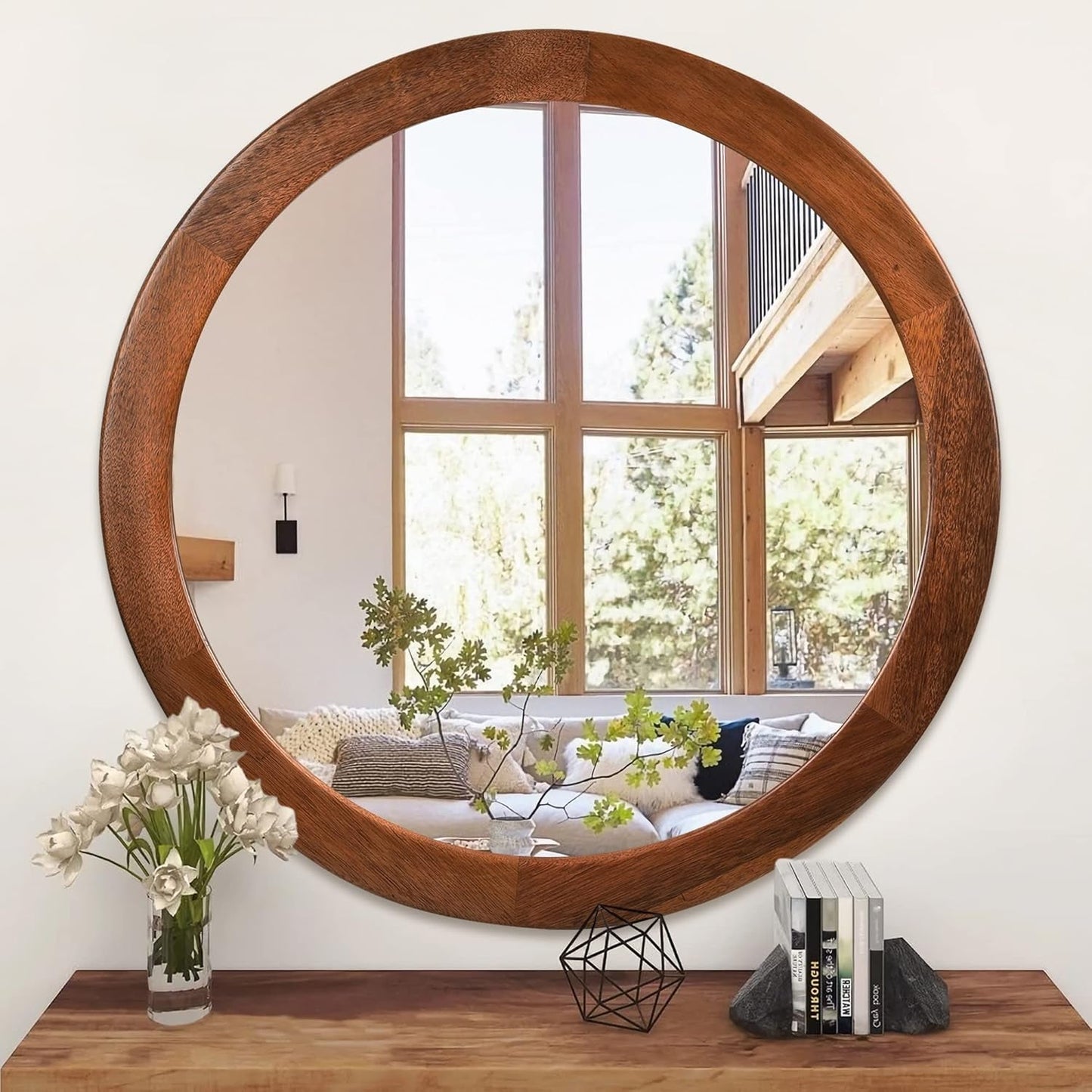 30 Inch Walnut Round Wall Mirror Rustic Style reflecting a cozy living space with natural light and rustic decor.