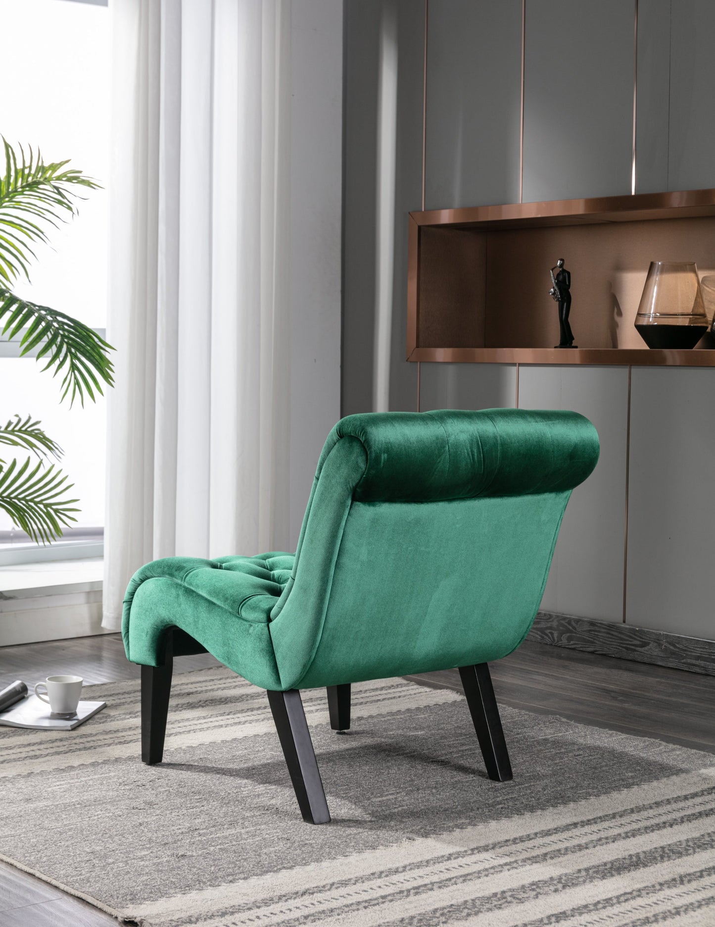 COOLMORE Modern Velvet Armless Accent Living Room Chair / Leisure Chair,Upholstered Fabric Button Comfortable Chair with Wooden Legs for Bedroom, Living Room, Office (Green Velvet)
