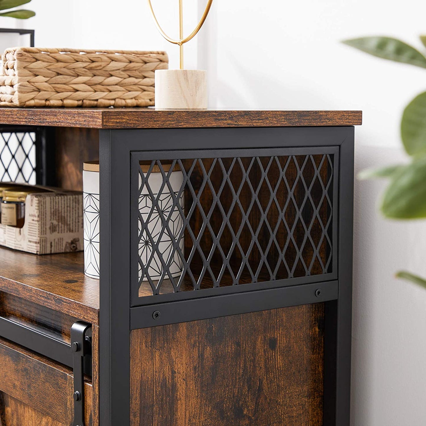 Brown Storage Cabinet with Barn Doors and Shelves
