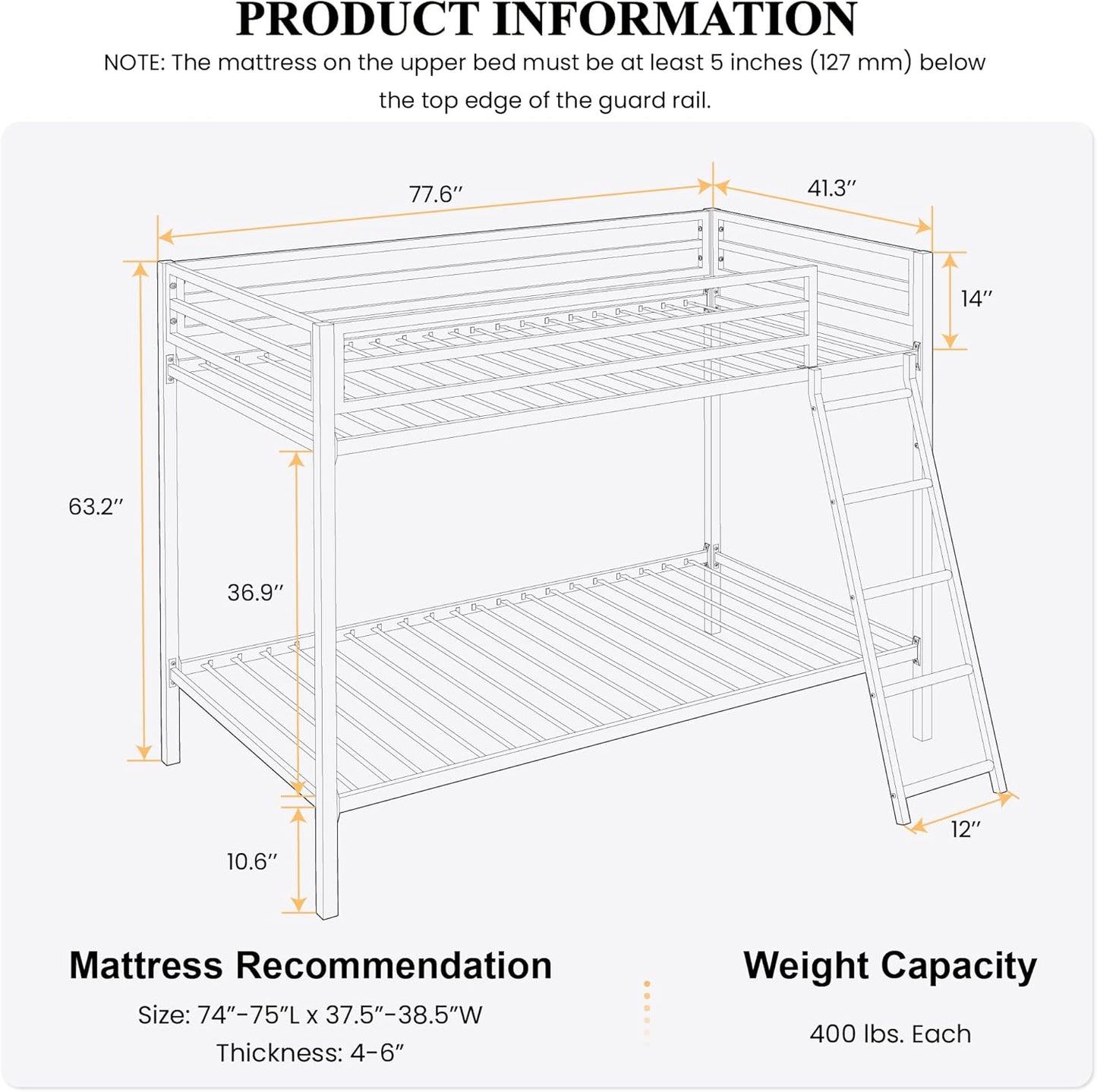 Twin Over Twin Metal Bunk Bed Black Guardrail And Ladder
