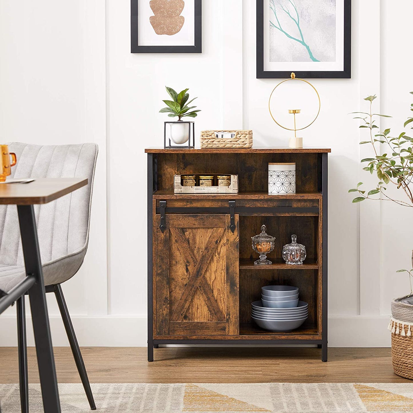 Brown Storage Cabinet with Barn Doors and Shelves