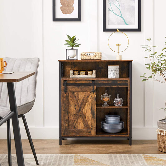 Brown Storage Cabinet with Barn Doors and Shelves