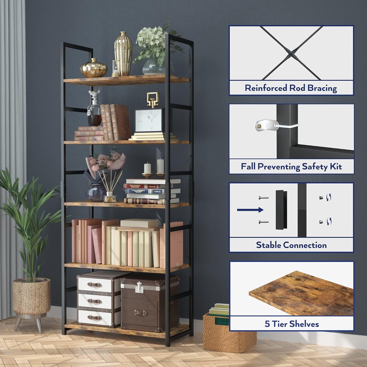 Tall 5 Shelf Vintage Bookcase With Metal Frame Storage