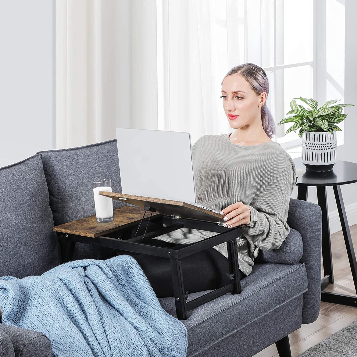 Laptop Desk for Bed or Sofa with Adjustable Tilting Top, Breakfast Serving Tray with Height Adjustable Folding Legs