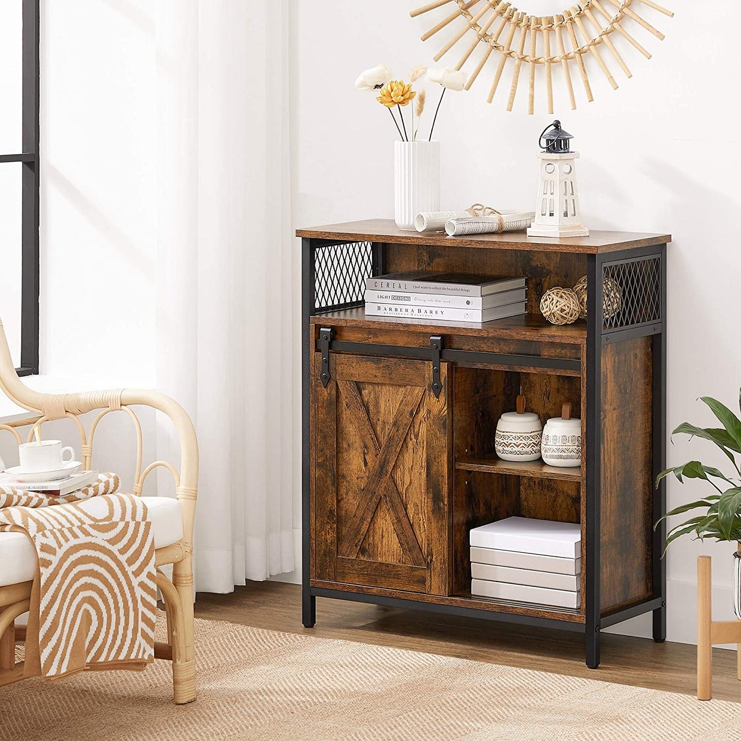 Brown Storage Cabinet with Barn Doors and Shelves
