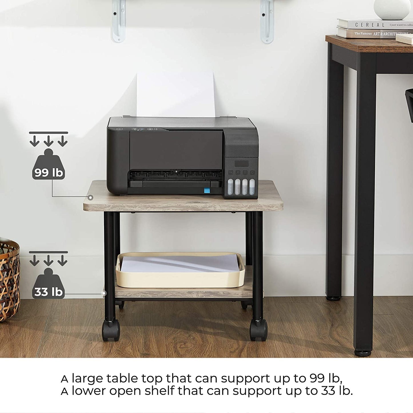 Industrial Under Desk Printer Stand, 2-Tier Mobile Machine Cart with Shelf, Heavy Duty Storage Rack