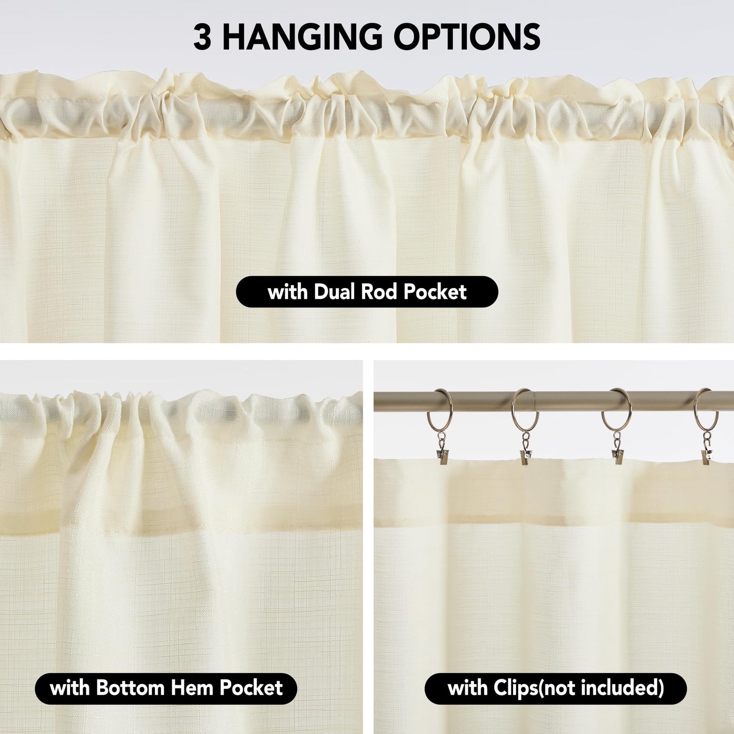 Linen Look Thermal Privacy Cafe Curtains, 2 Panels
