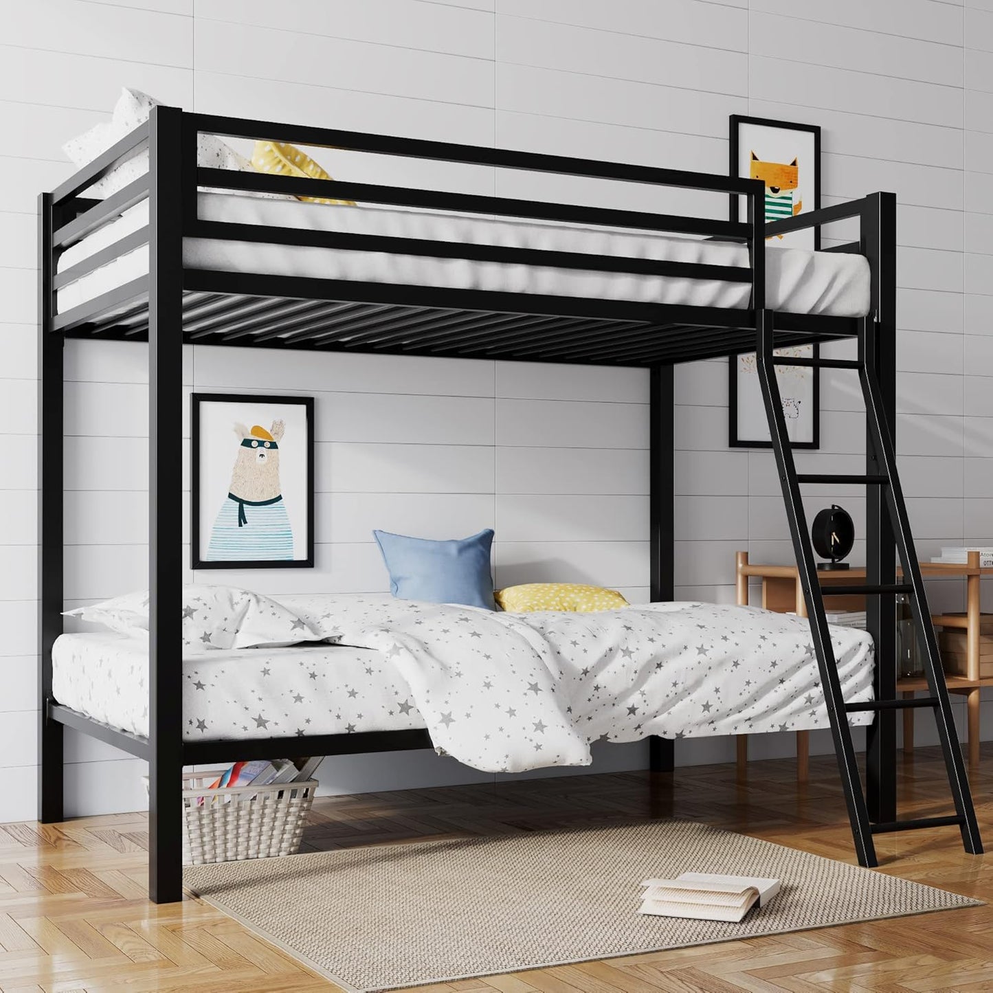 Twin Over Twin Metal Bunk Bed Black Guardrail And Ladder