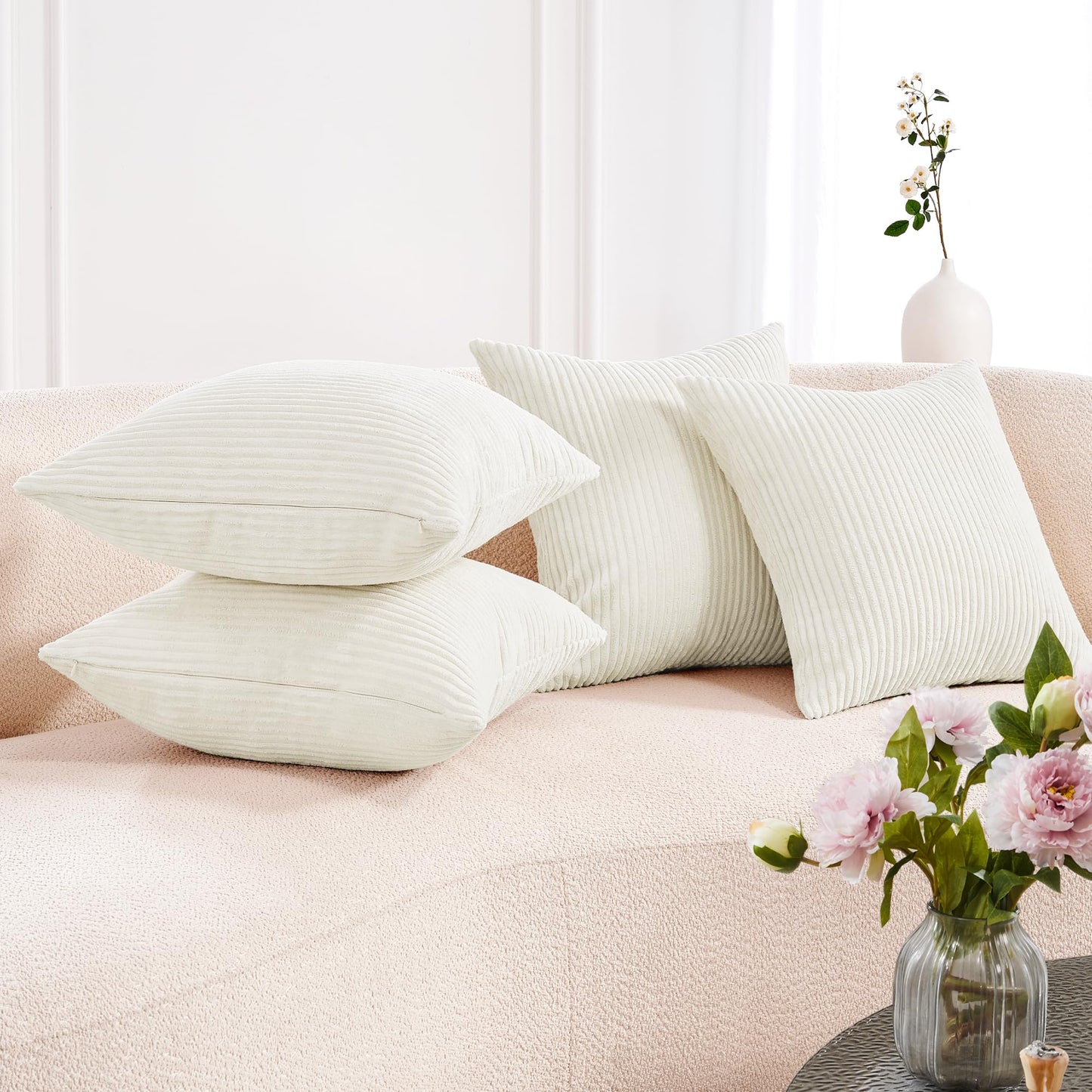 Corduroy Throw Pillow Covers, Cream White, 4PCS