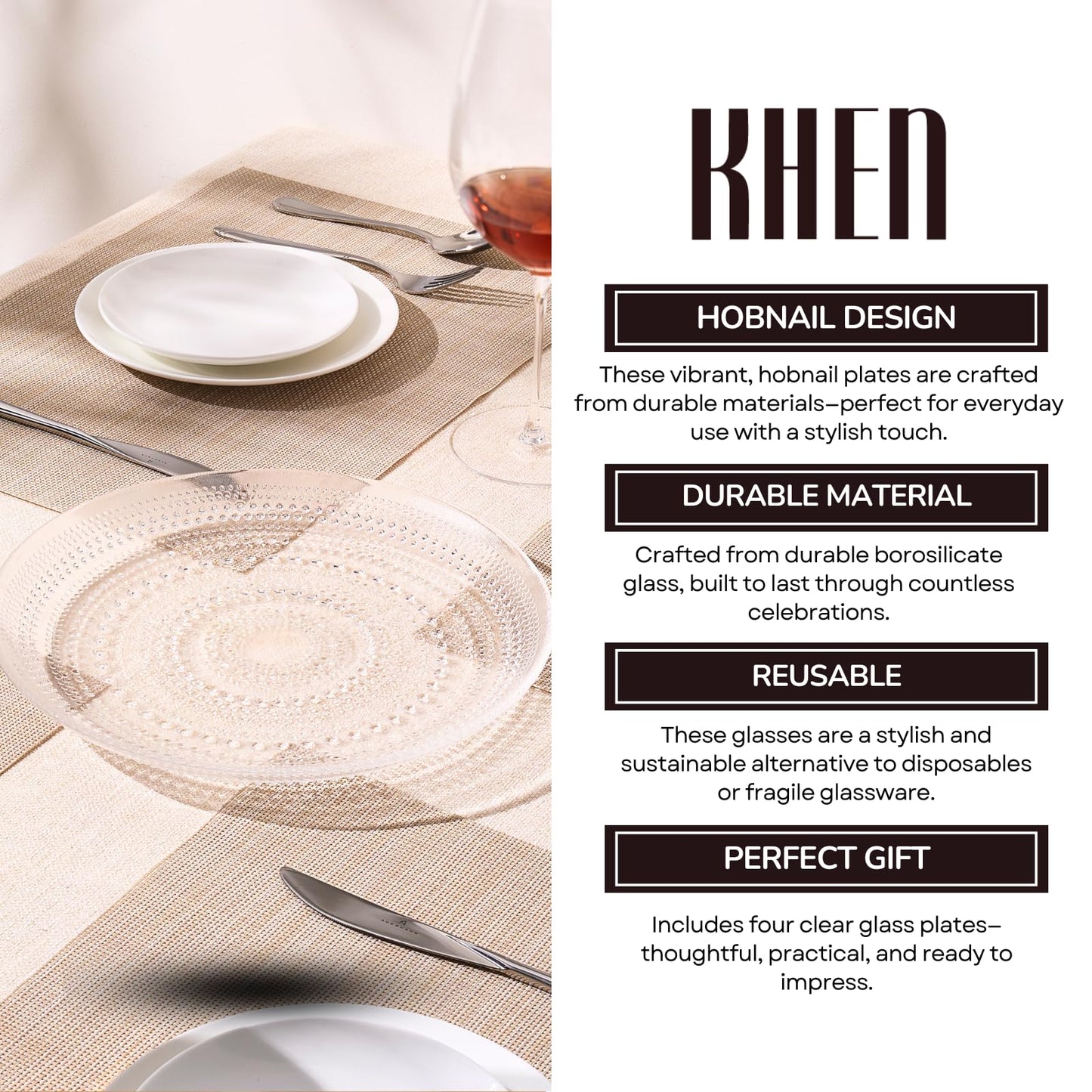 Glass Hobnail Dinner or Charger Plates | Set of 4 | Clear