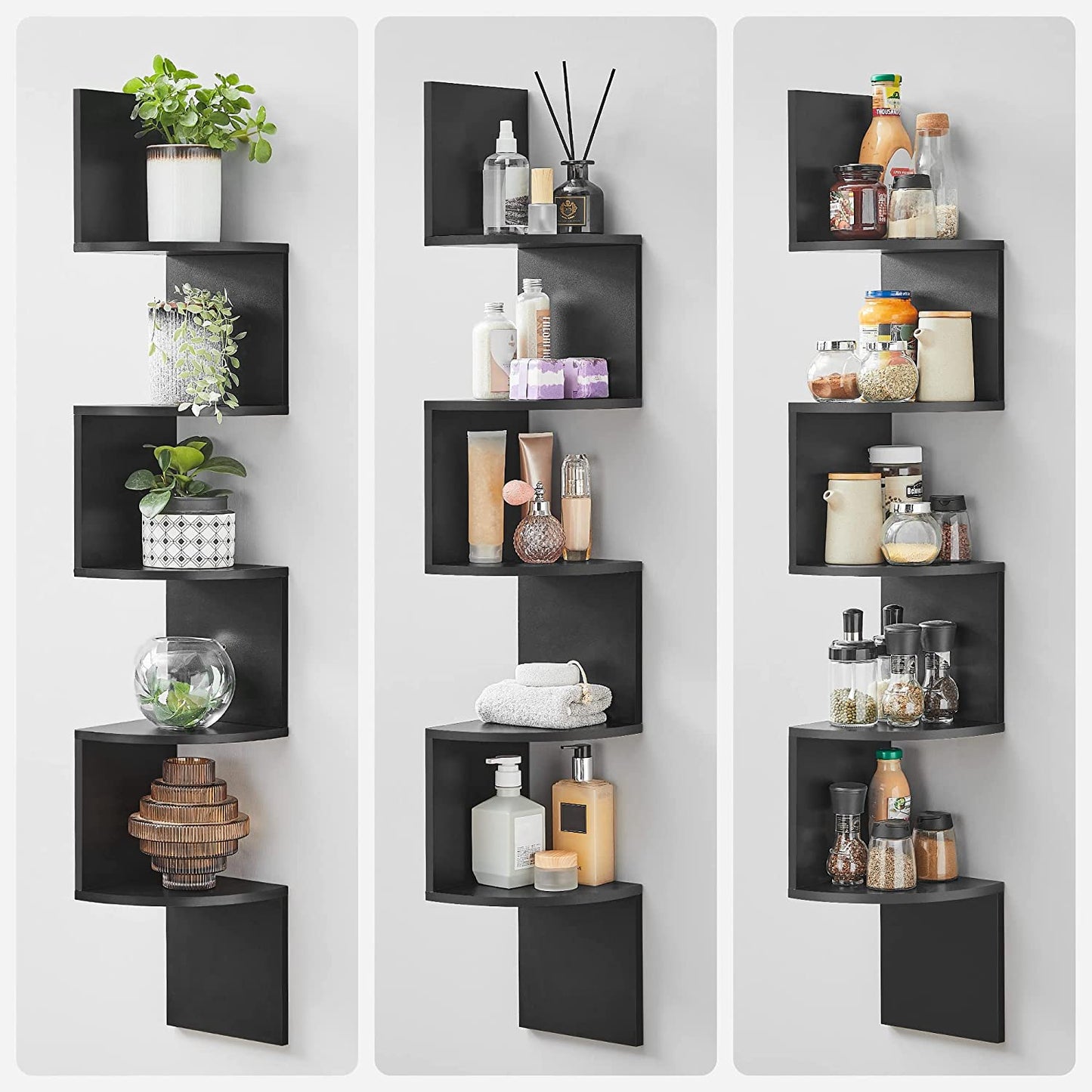Corner Shelf, 5-Tier Floating Wall Shelf with Zigzag Design, Bookshelf, Rustic Brown