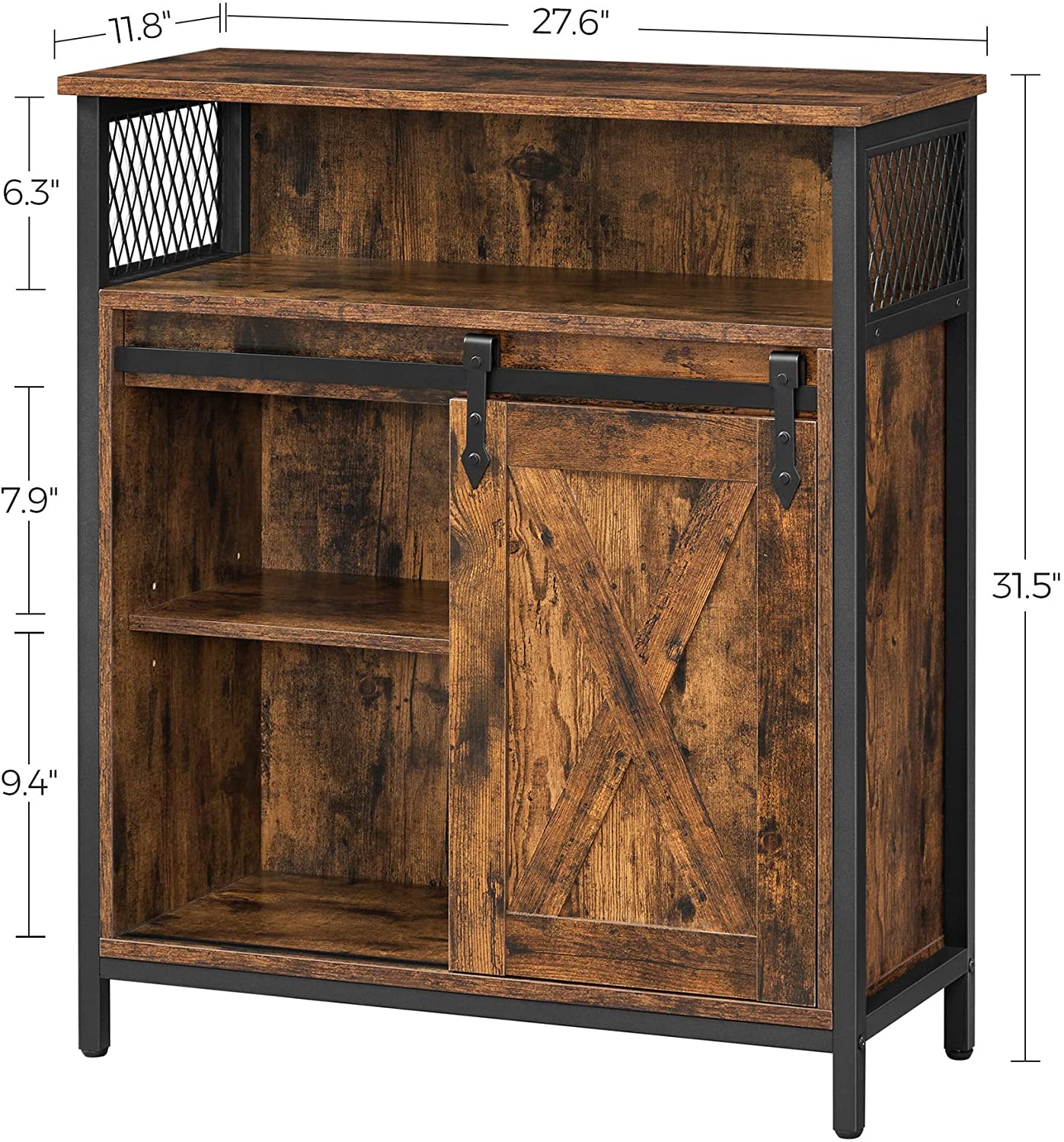Brown Storage Cabinet with Barn Doors and Shelves