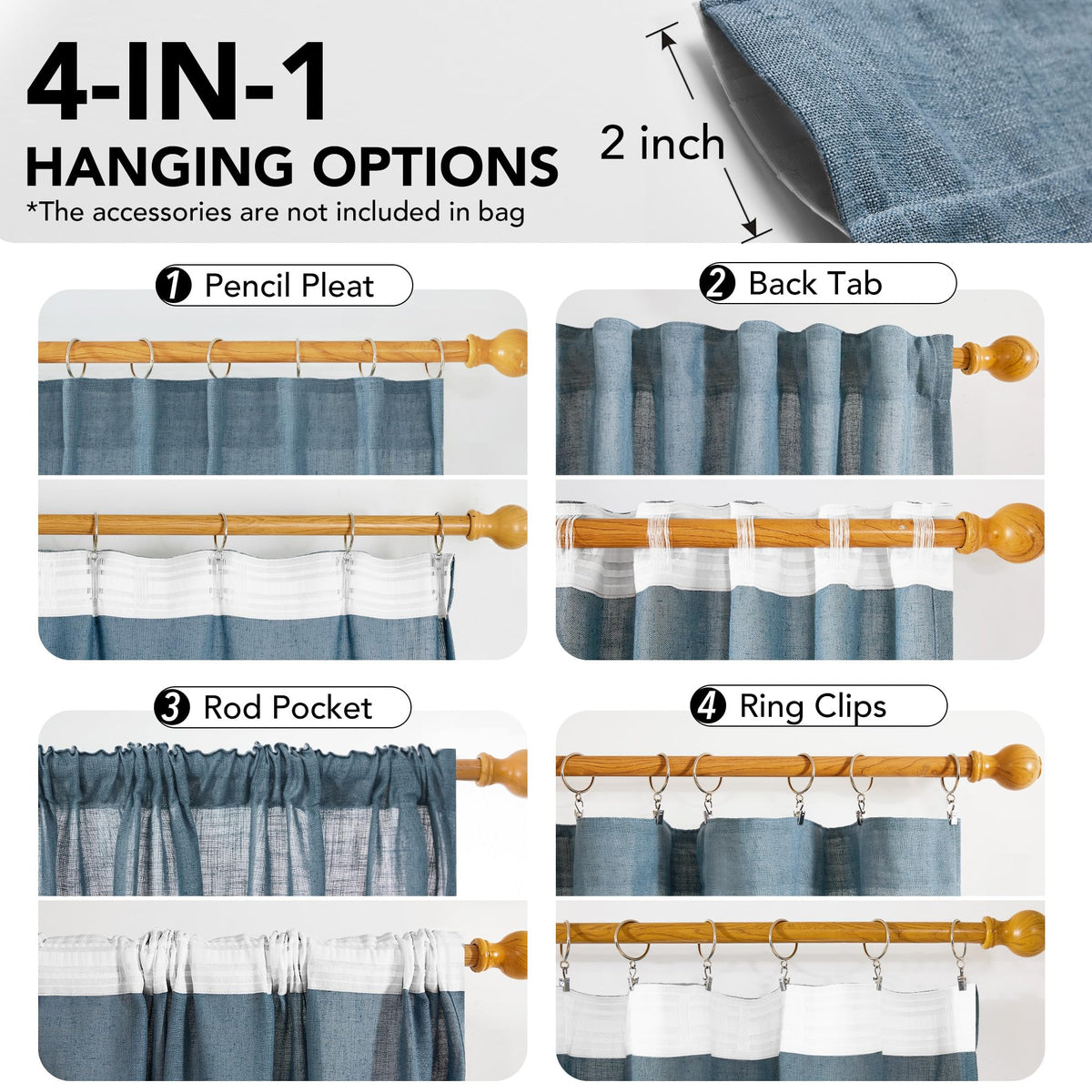 Light Filtering Linen Drapes, Back Tab & Rod Pocket