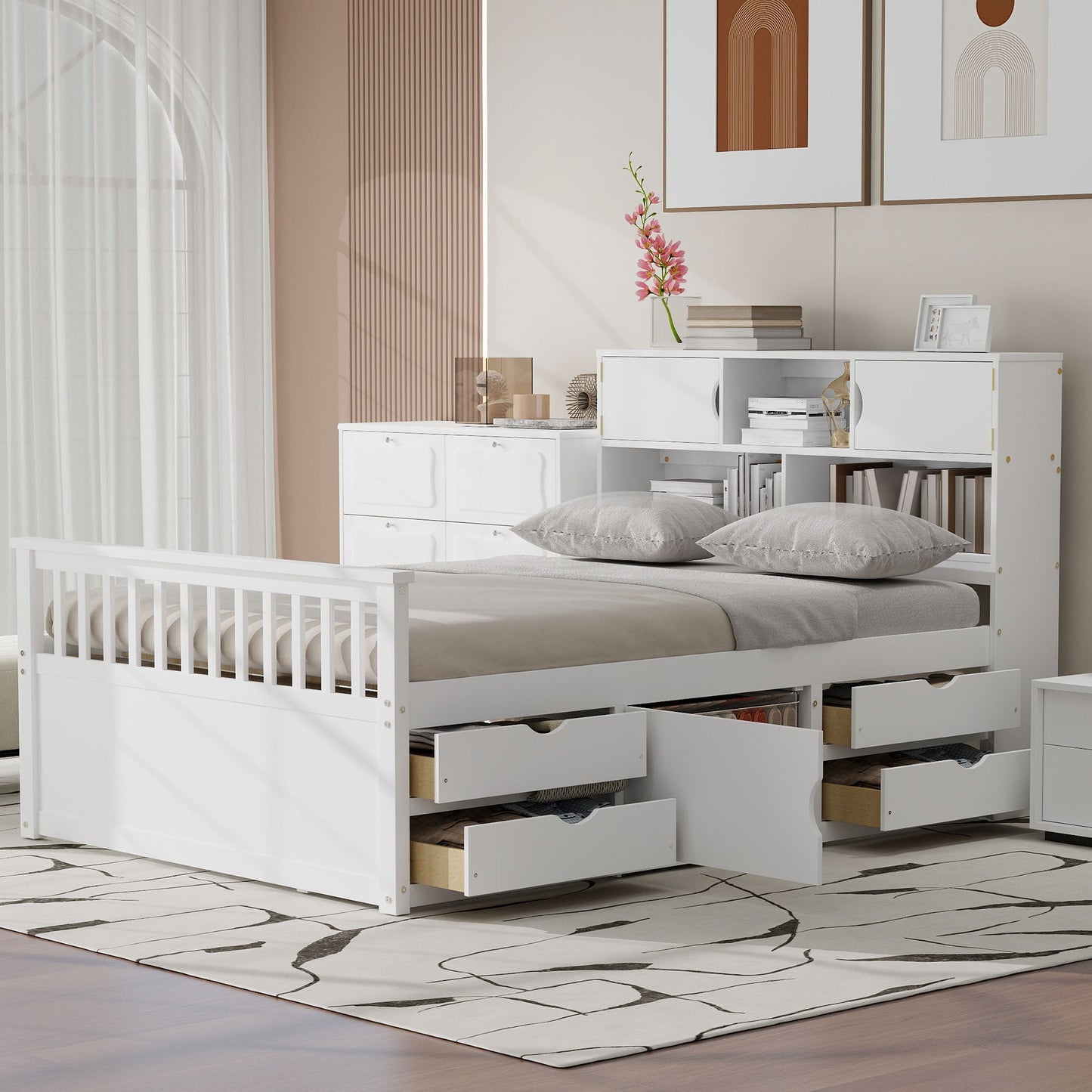 Full Size Captain Platform Bed Frame with Storage Bookcases and Shelves
