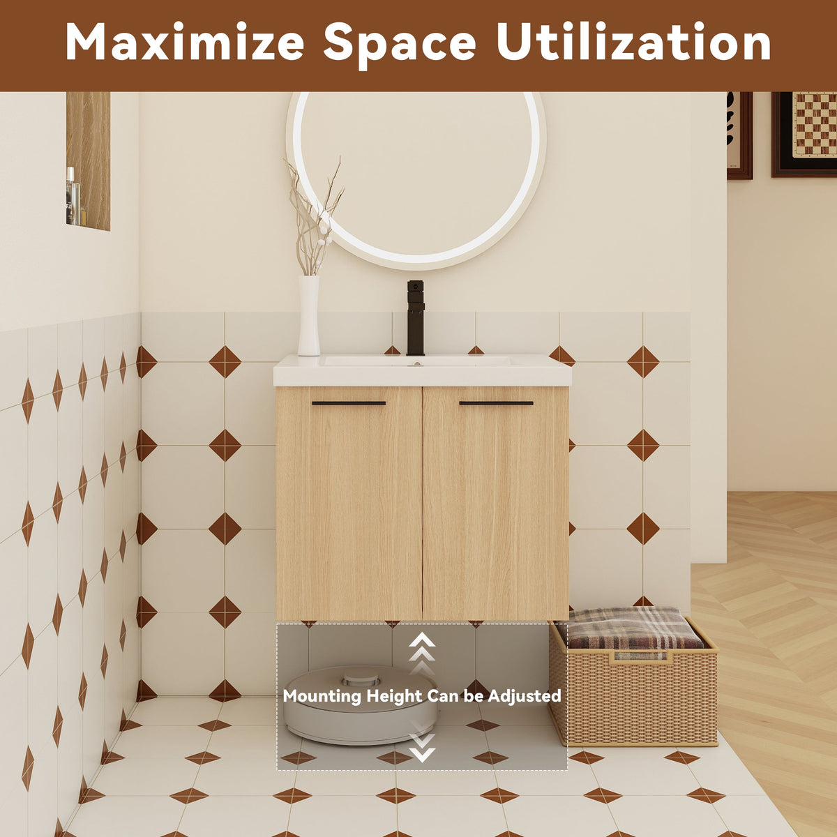 24" Floating Bathroom Vanity with Sink, Light