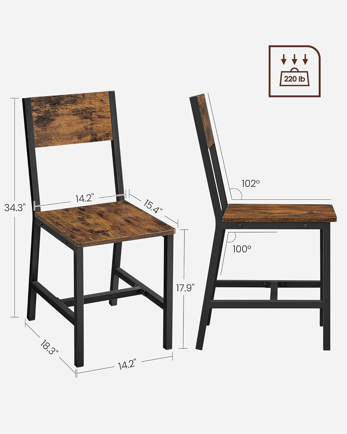 Dining Chair Set of 4 Rustic Brown Chairs With Metal Frame
