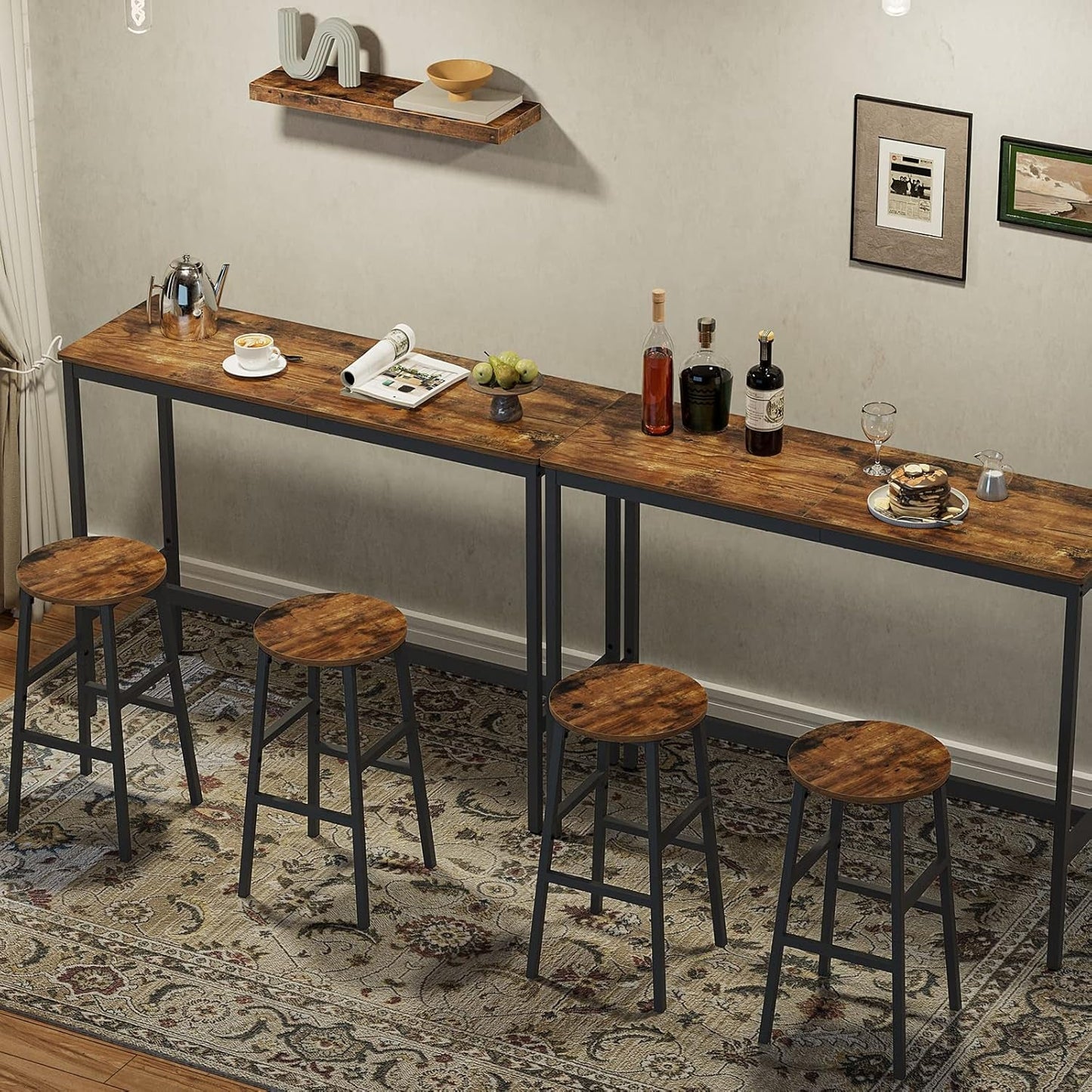 Round Bar Stools Set of 2 With Footrest 24.4 Inch Industrial Rustic Brown