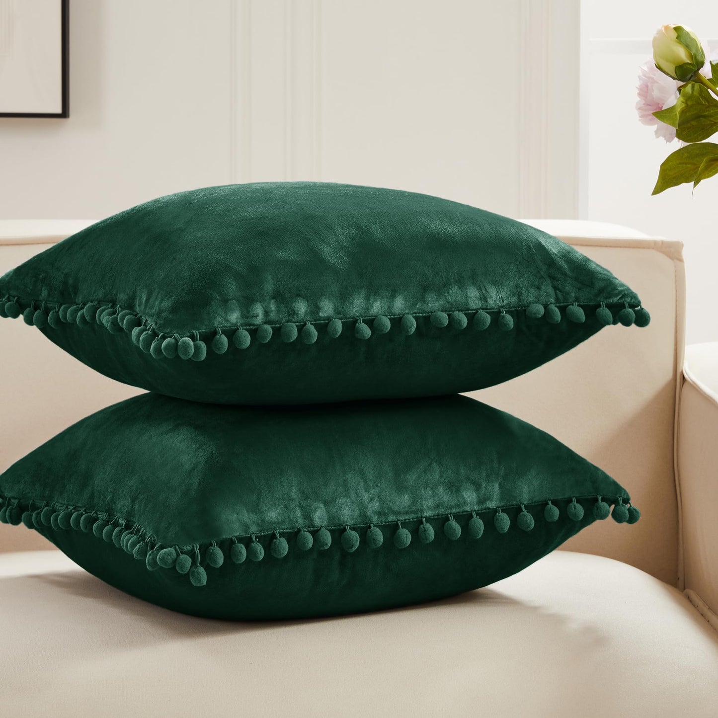 Red Velvet Cushion Covers with Pom-Poms, 2 PCS