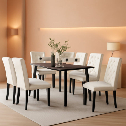Dining Chairs Set of 6 White Leather Seat Solid Wood Legs