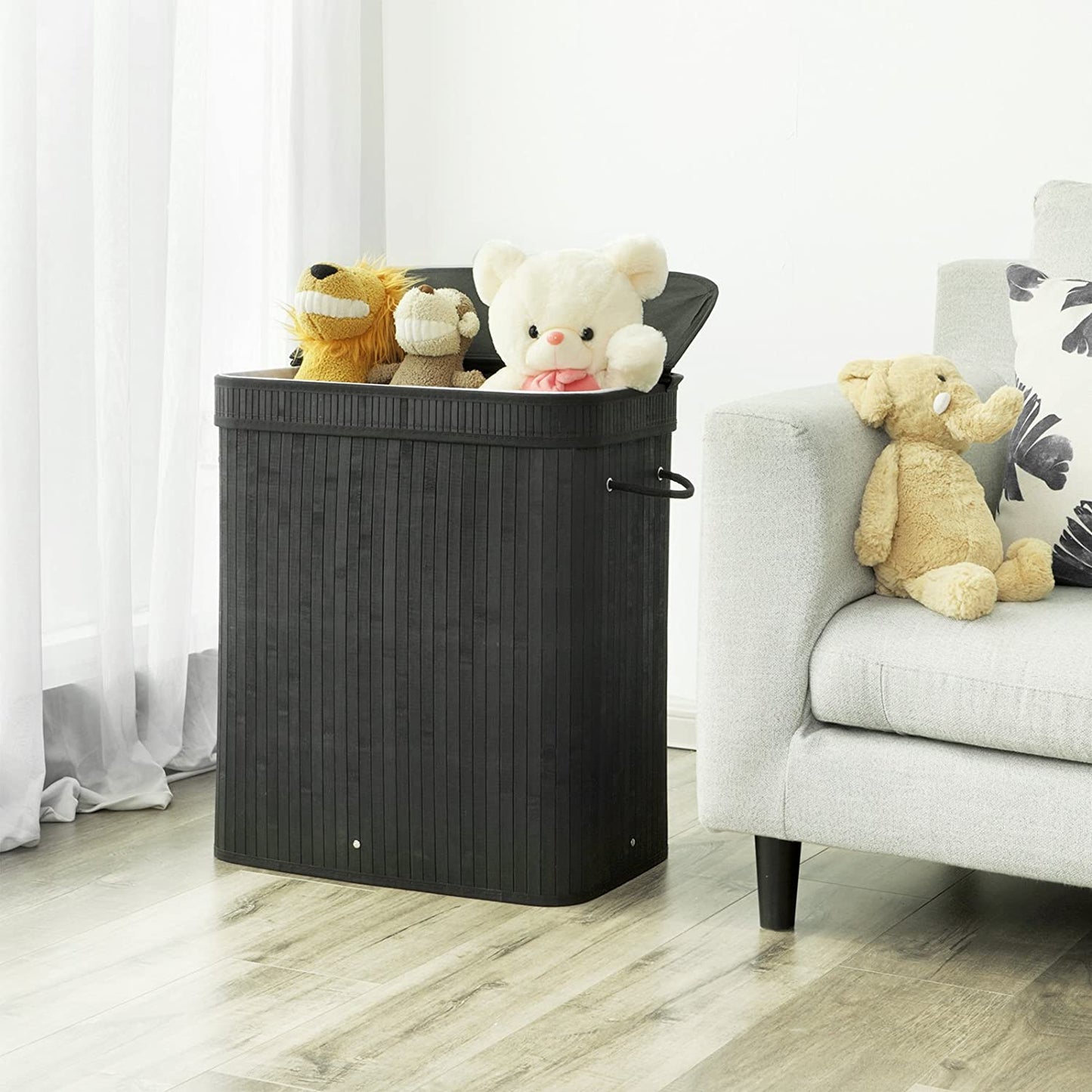 Laundry Hamper with Lid, Bamboo Laundry Basket with Handles, Foldable Storage Basket