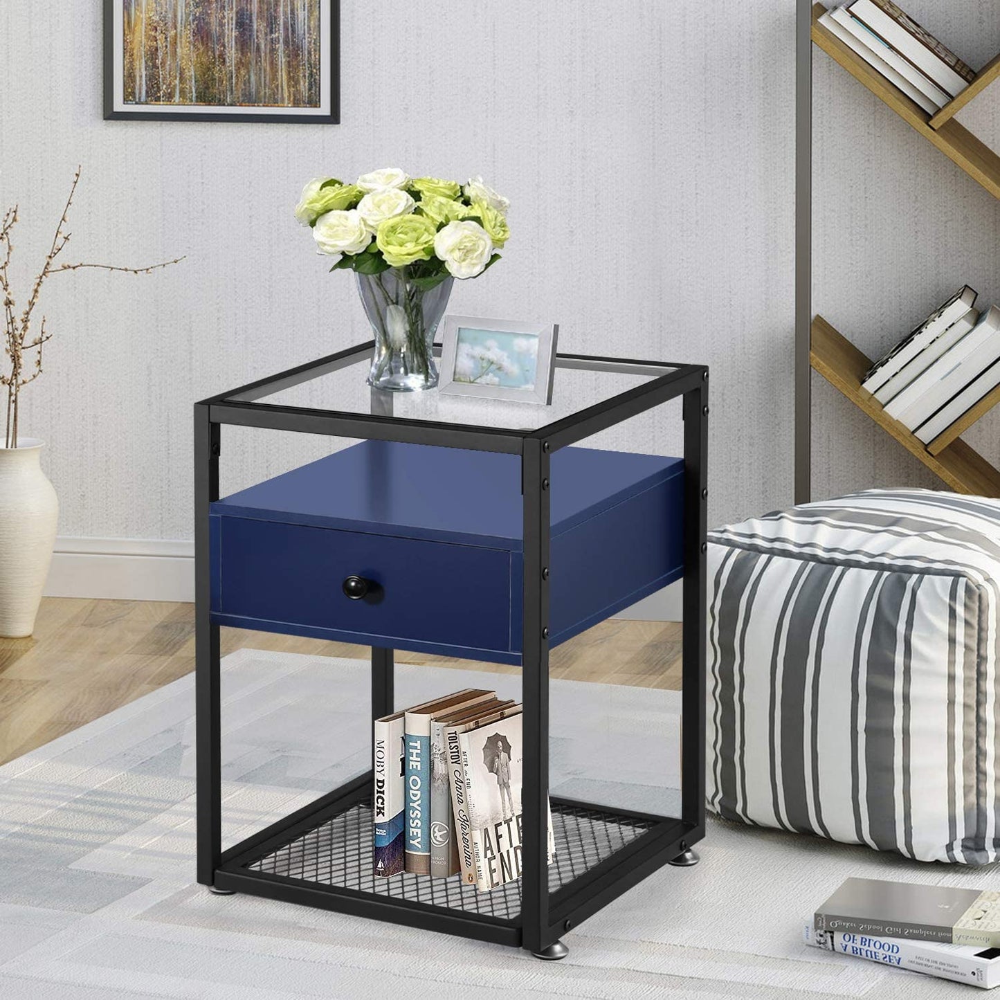 Nightstand, Tempered Glass End Table, Cabinet with Drawer and Rustic Shelf Decoration