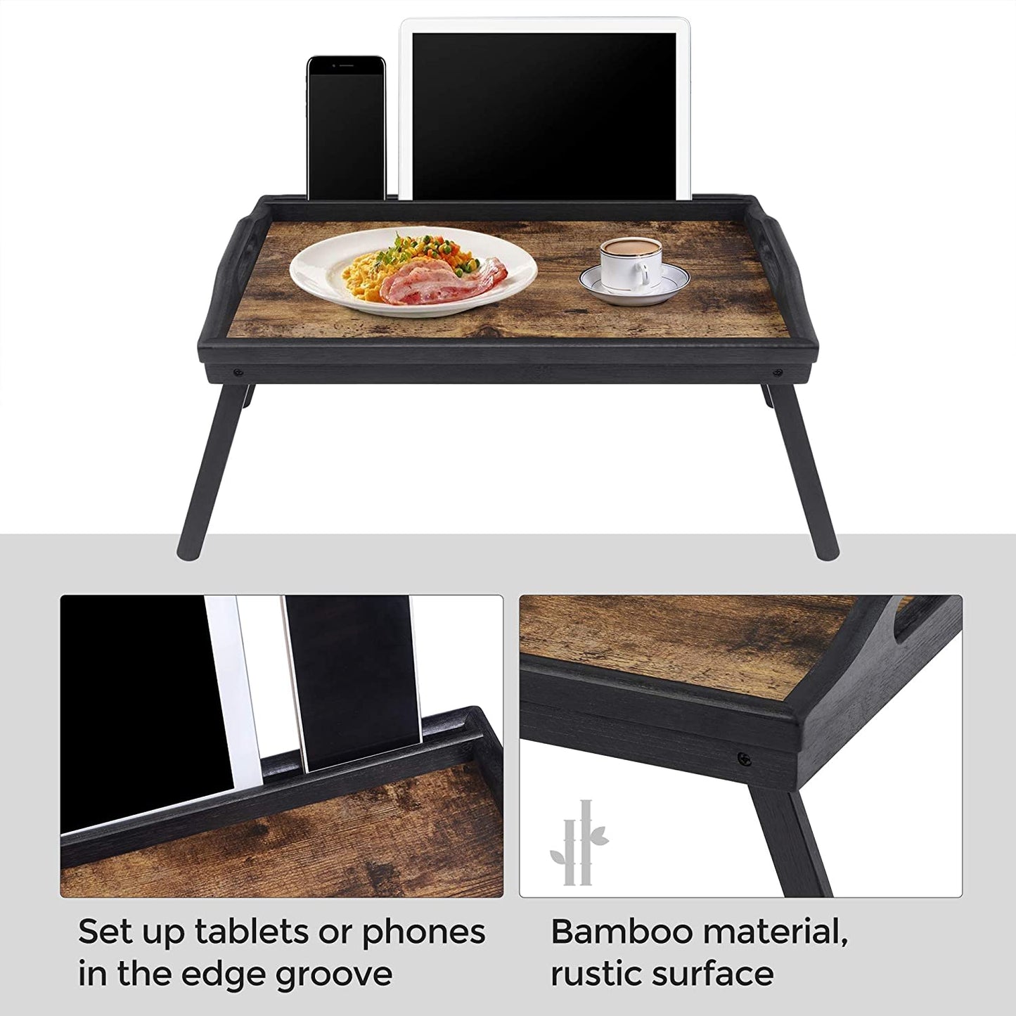 Bed Tray Table with Bamboo Folding Legs, Sofa Breakfast Tray, Serving Tray with Groove