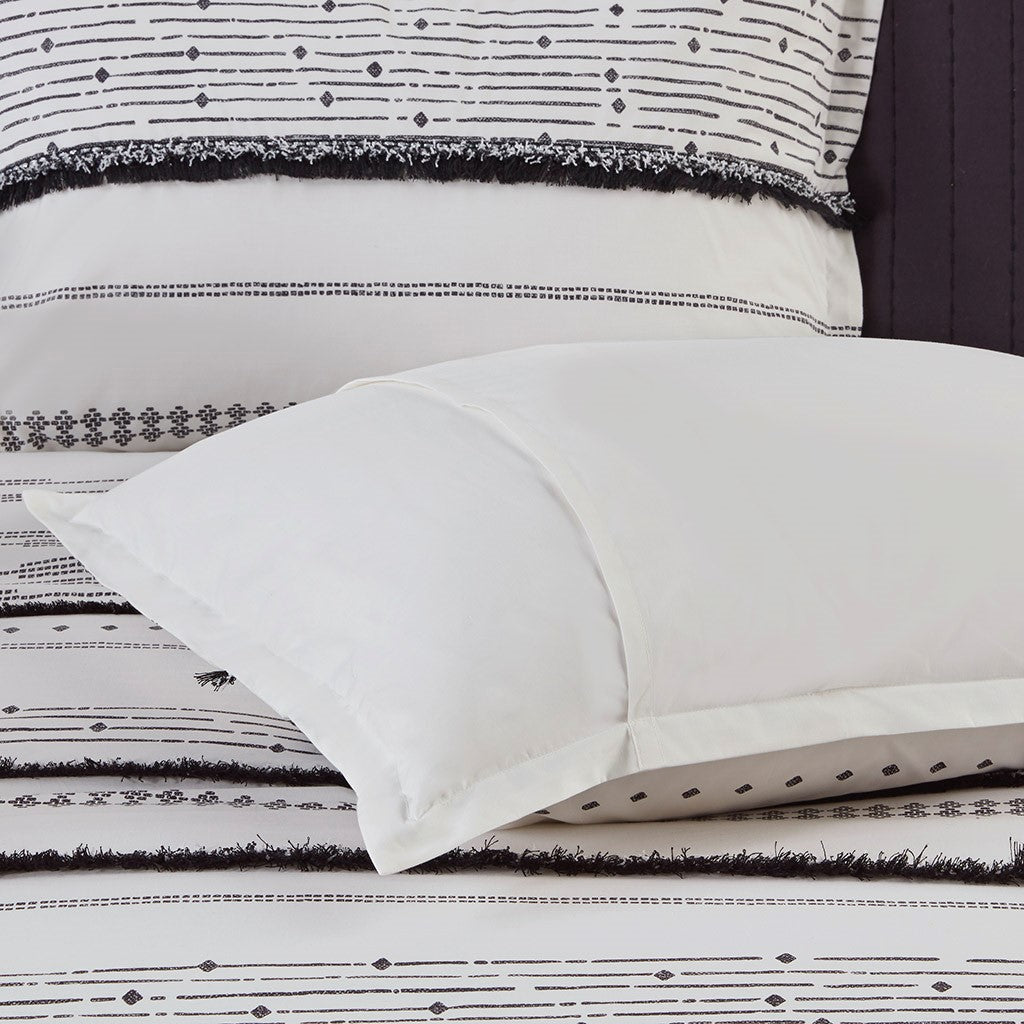 Cotton Printed Comforter Set with Trims Black/White Full/Queen