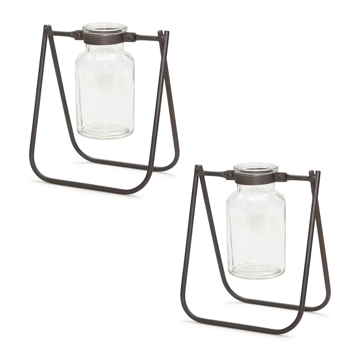 Set of 2 Hanging Glass Jar Vase Set with Metal Stand