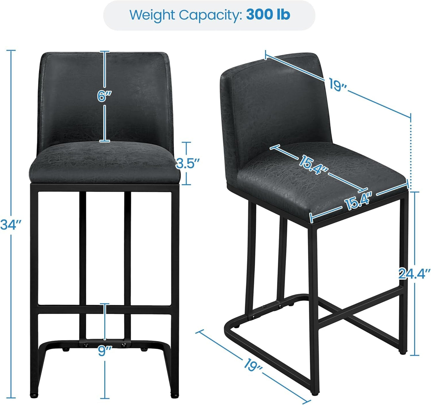 24 Inch Dark Gray Leather Counter Height Bar Stools Set 2
