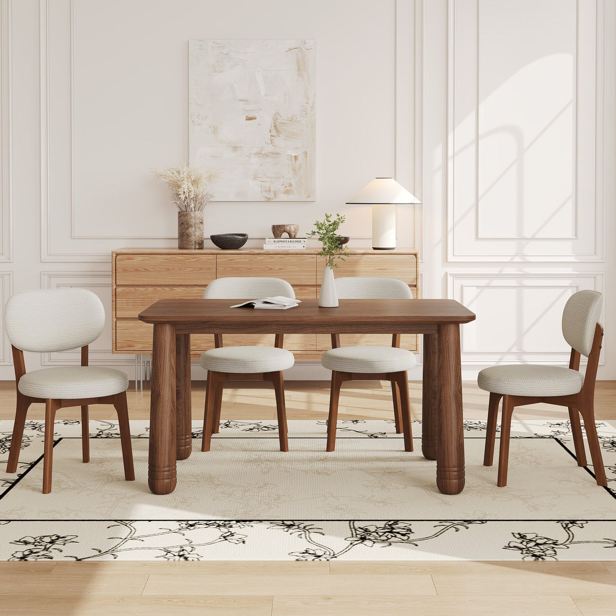 63" Solid Wood Dining Table Set with 4 Upholstered Chairs