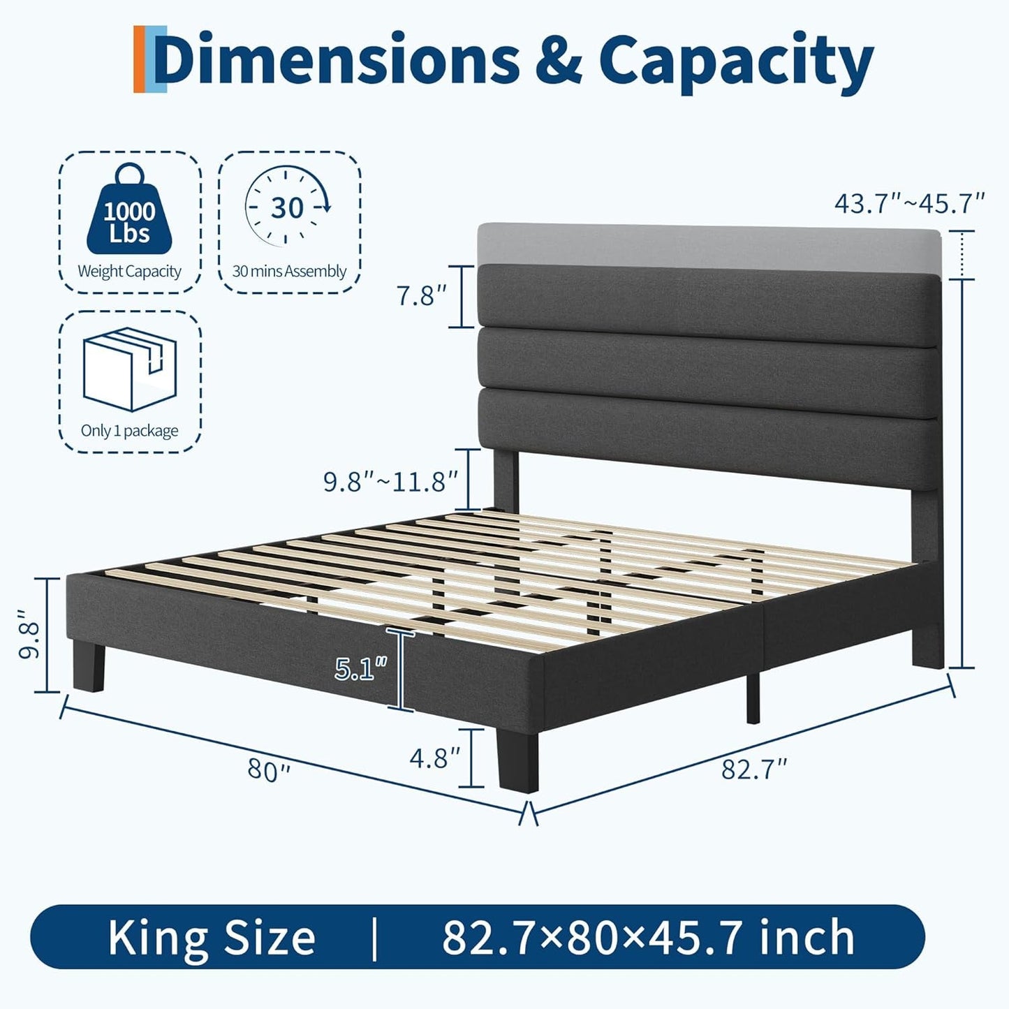King Size Bed With Adjustable Headboard In Dark Grey