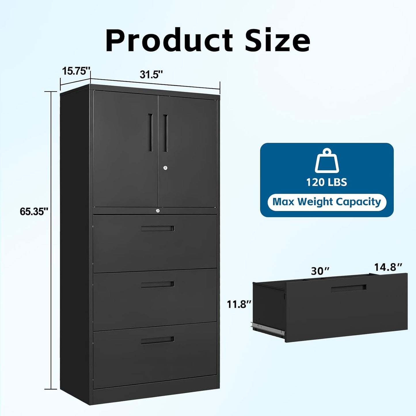 Three Drawer Metal File Cabinet Locking With Storage Shelves Black For Legal Letter A4 Documents