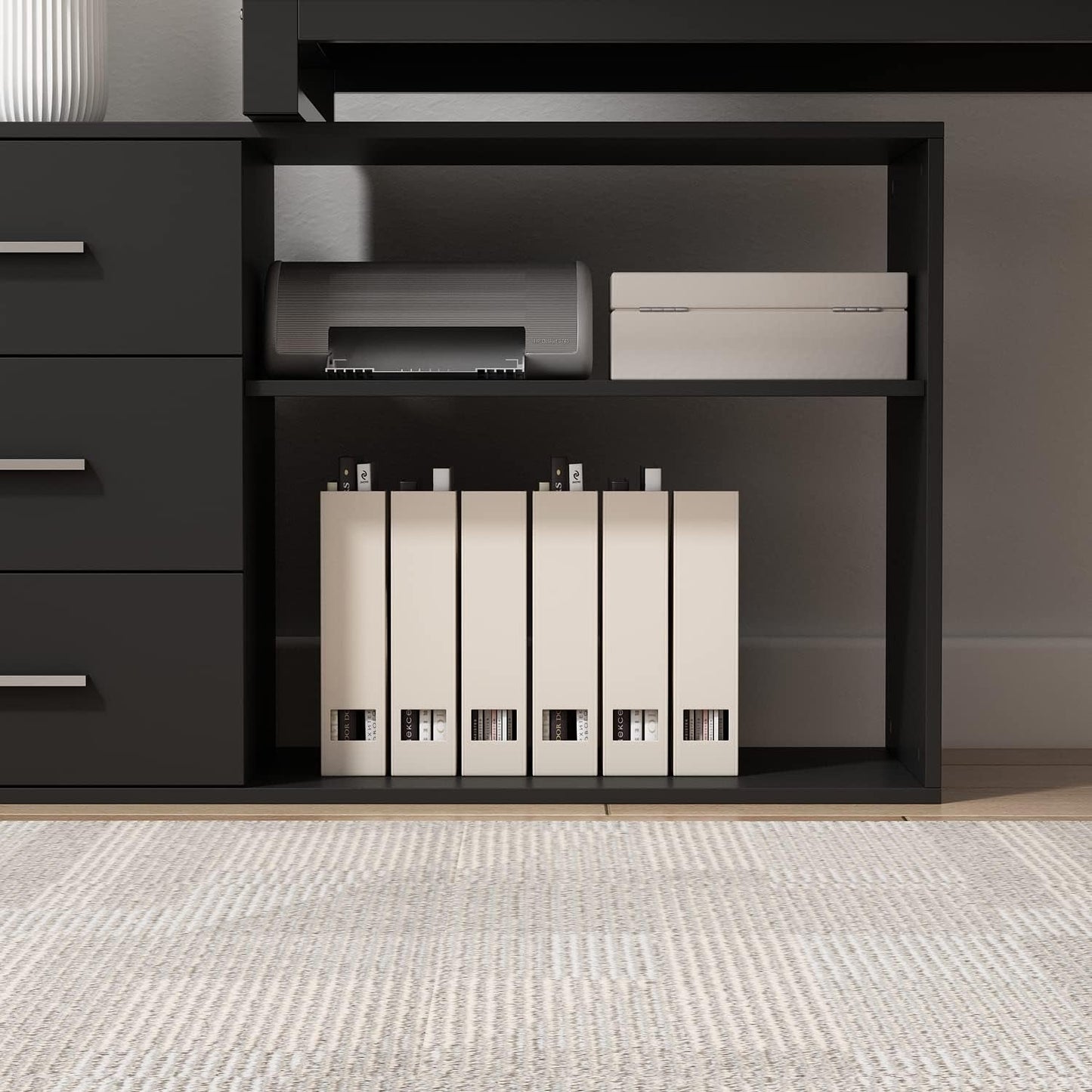 55 Inch L Shaped Computer Desk Black Storage Cabinet