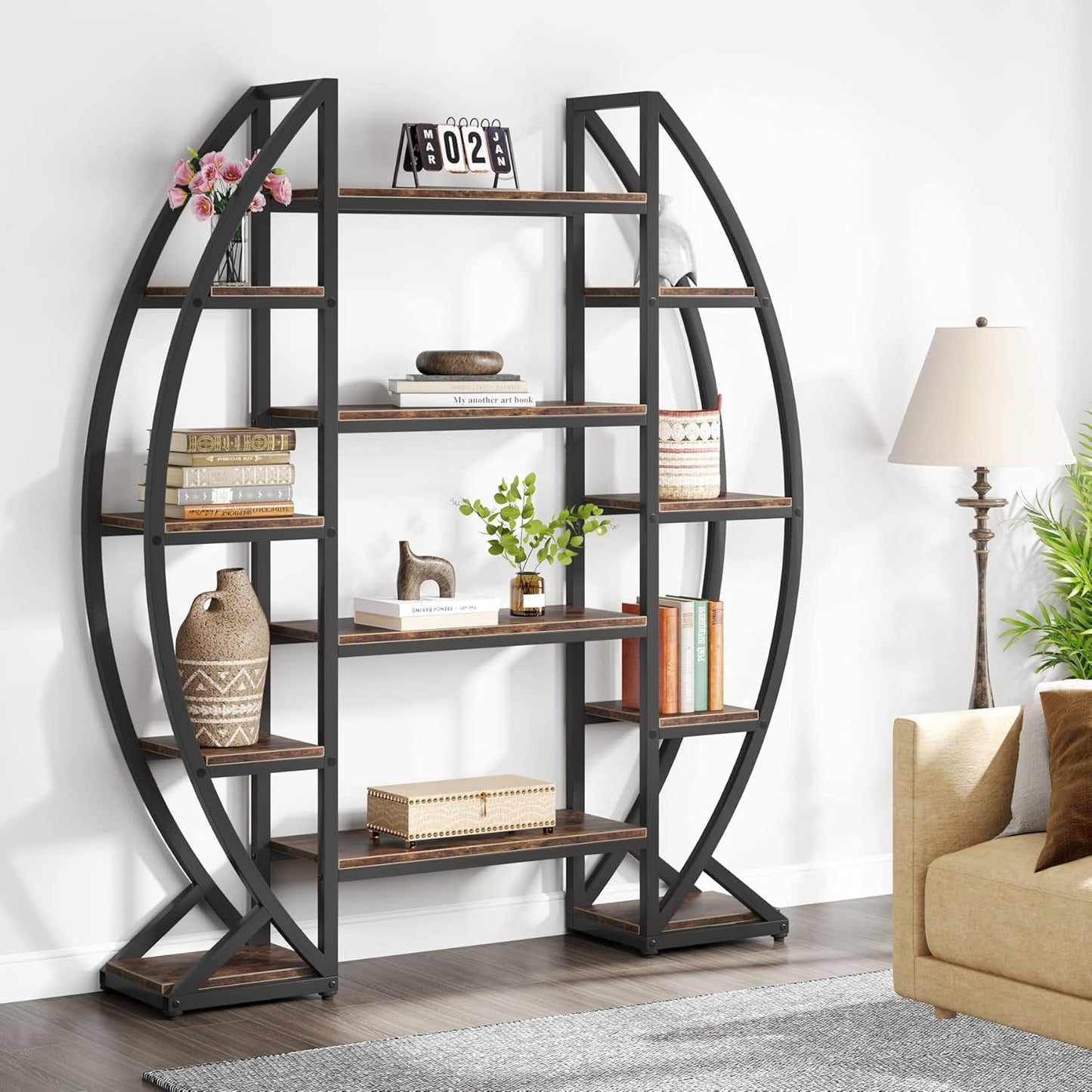Oval 55 Inch Brown Industrial Display Etagere Bookcase