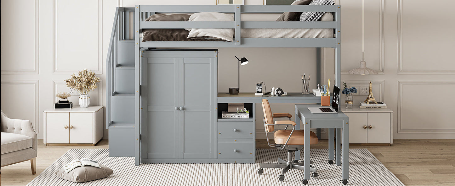 Full Size Loft Bed with Stairs, Bookshelf, Drawers, Desk & Wardrobe – Space-Saving Multifunctional Furniture for Kids & Teens-Gray