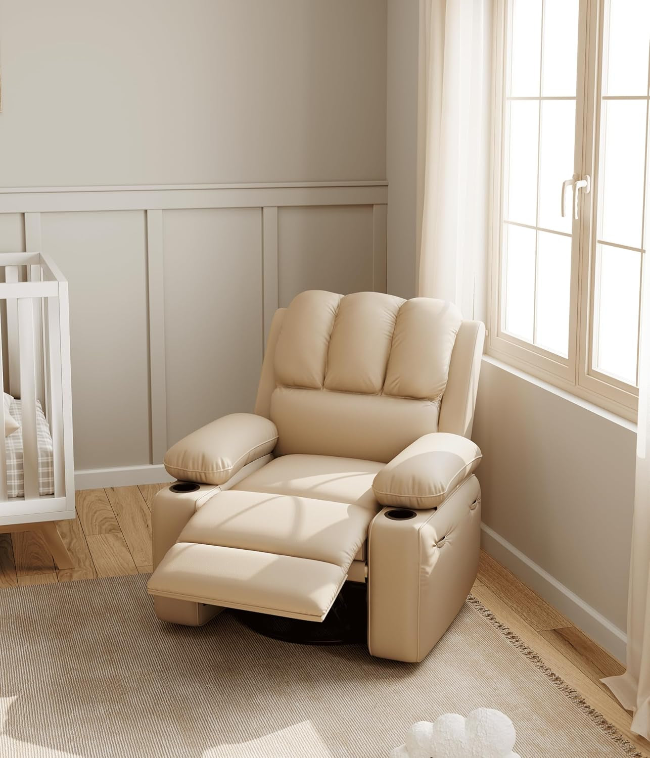 Beige Leather Manual Recliner Chair With Cup Holders
