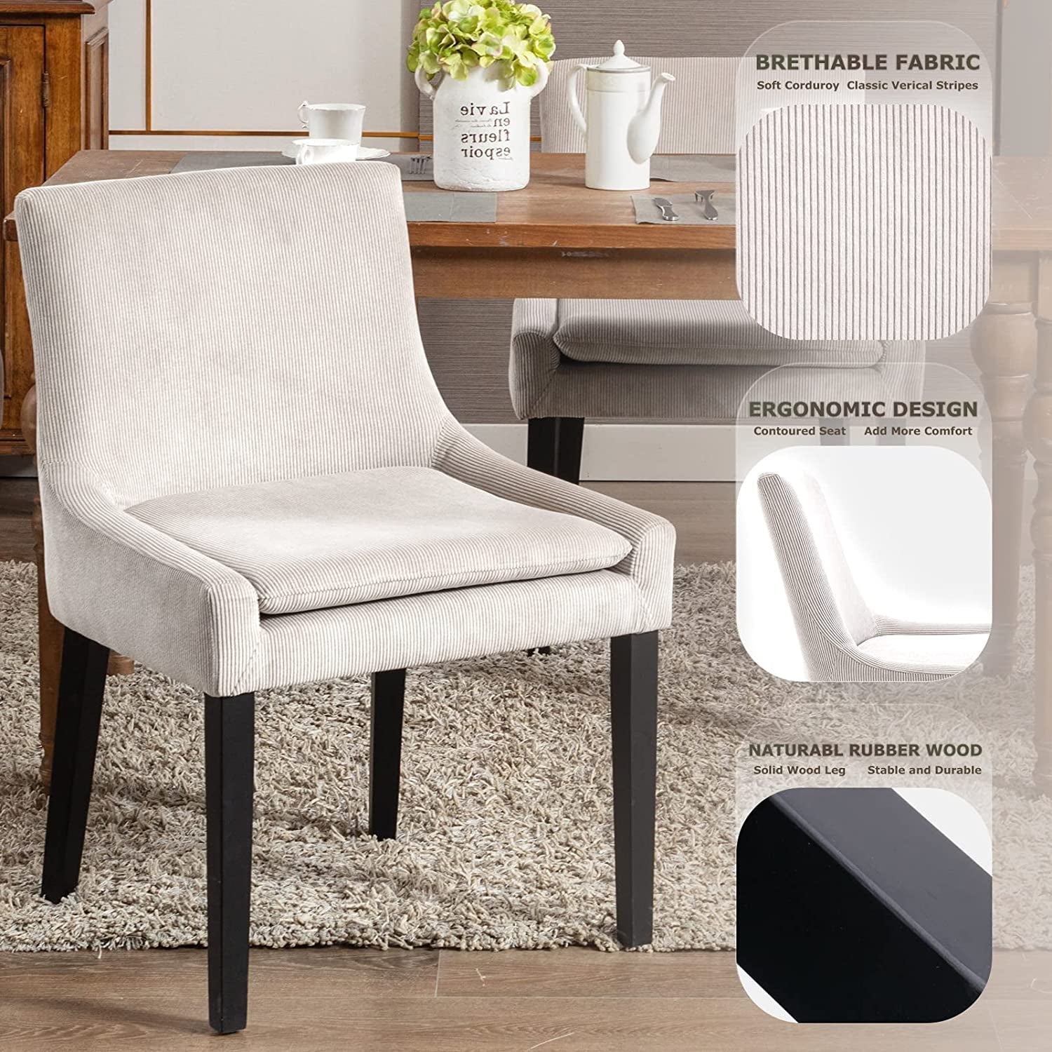 Beige Corduroy Dining Chairs With Wood Legs Set Of 6 showcasing breathable fabric, ergonomic design, and natural rubber wood legs.