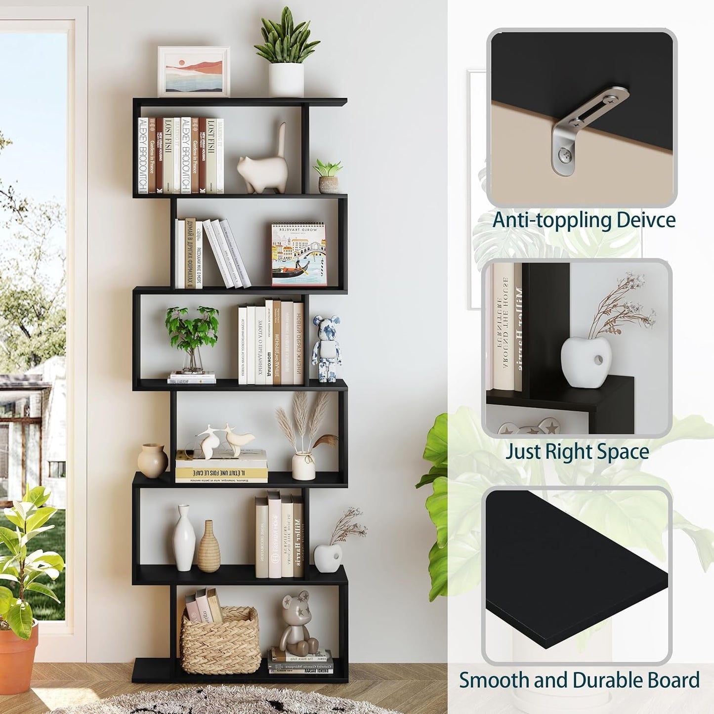 6 Tier S Shaped Bookshelf Freestanding Modern Display