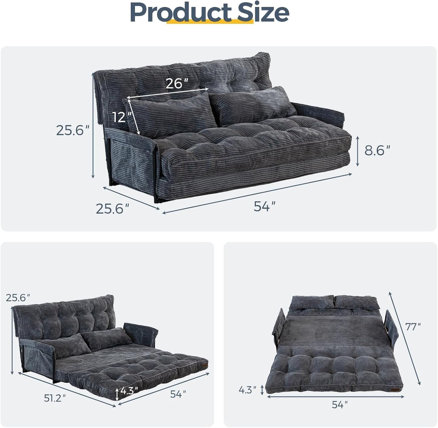 Customizable Dark Grey Floor Sofa Bed With Five Position Adjustment