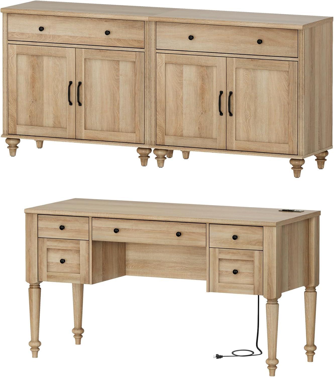 56 Inch Oak Executive Desk With Integrated Charging System