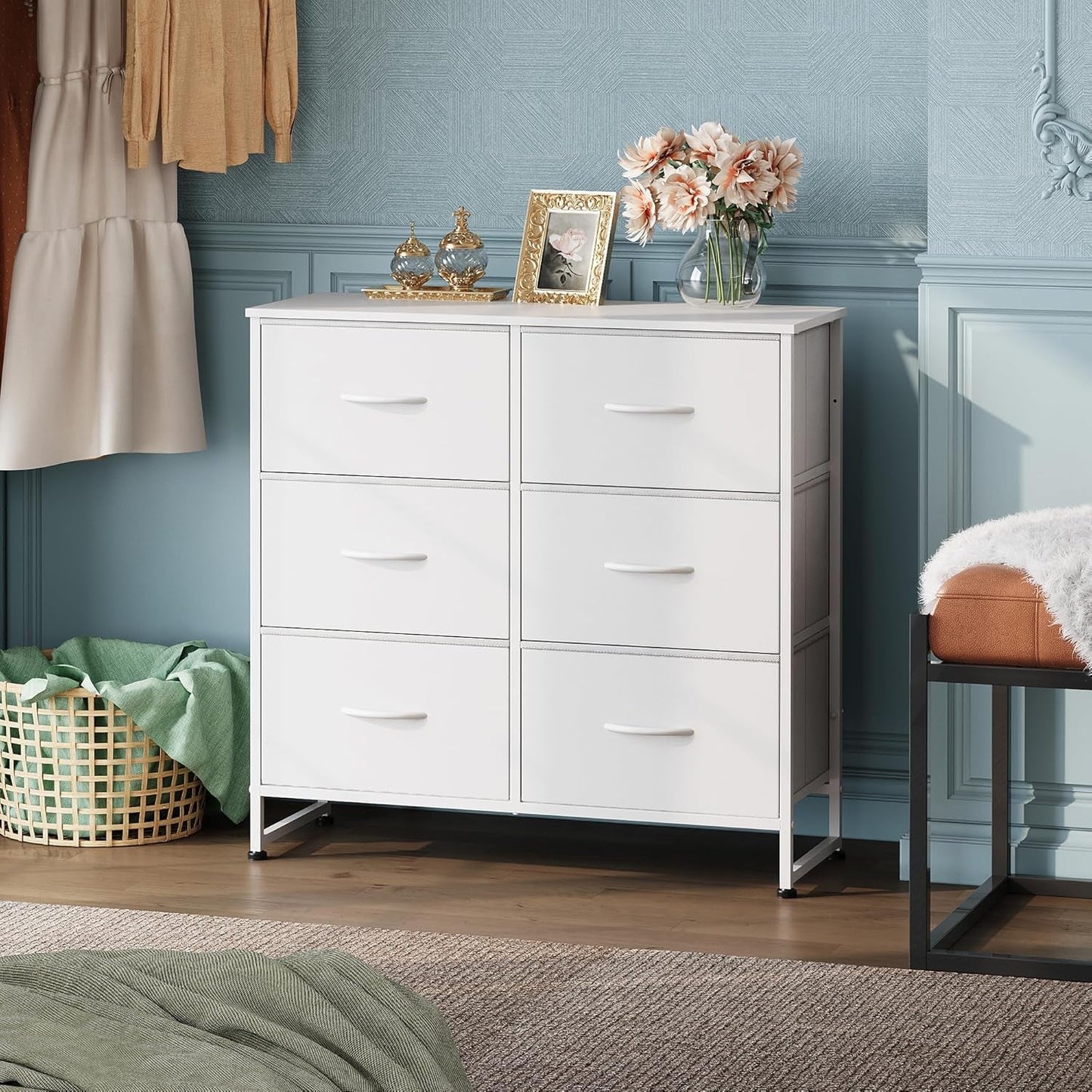 White Fabric Dresser With 6 Drawers And Fabric Bins
