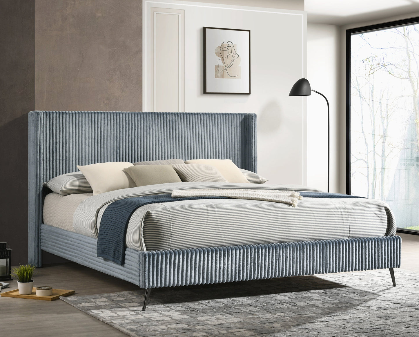 Mavela Wide Wale Corduroy Upholstery Panel King Bed with 2 Nightstands, Blue