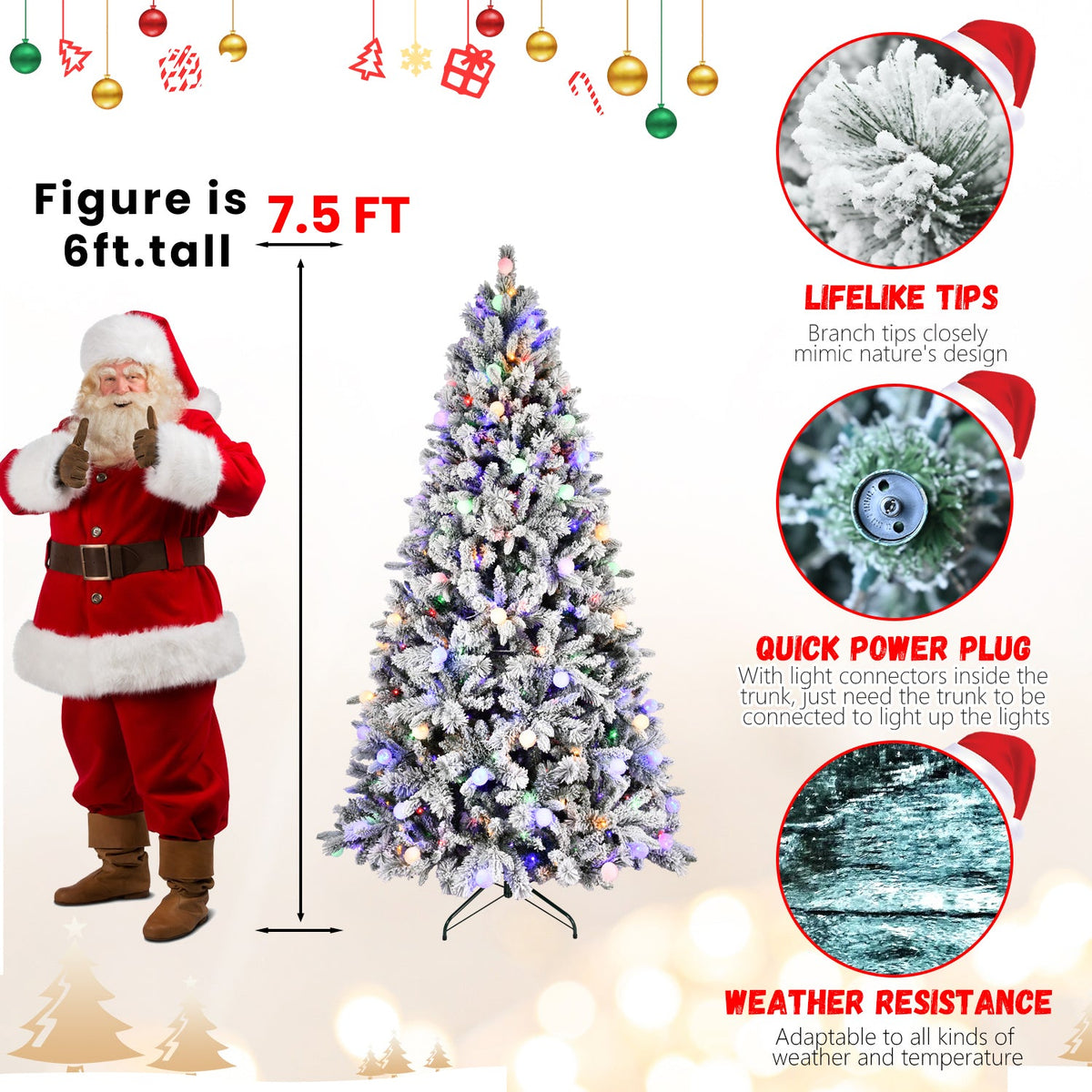 8ft Flocked Christmas Tree with 470L Colorful LED Lights