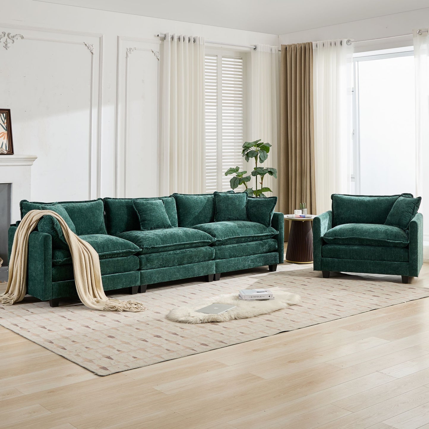 Cloud 3 Seats Sofa (Ottoman is not included) Chenille Fabric in Green