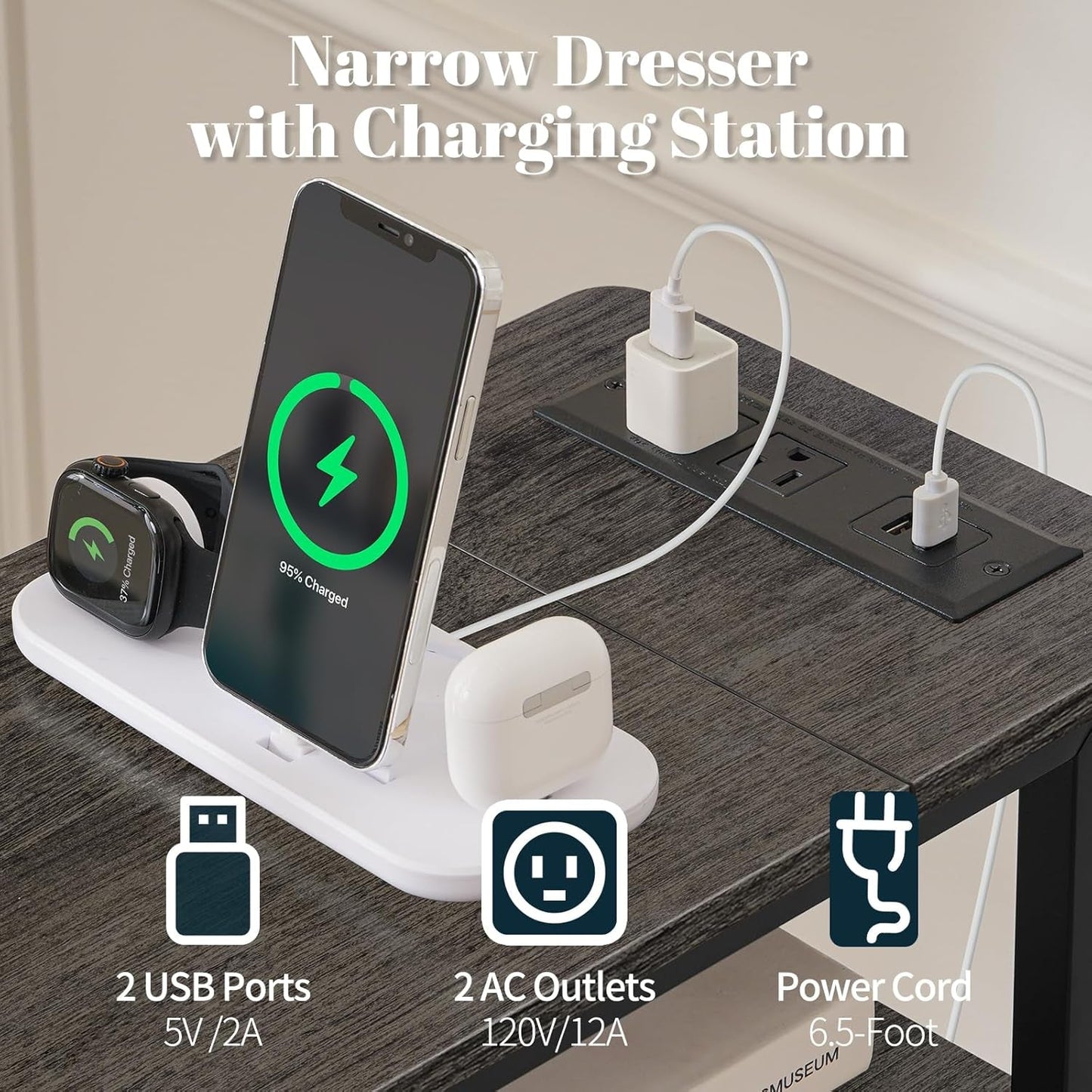 Narrow Dresser Nightstand With Led Charging Station