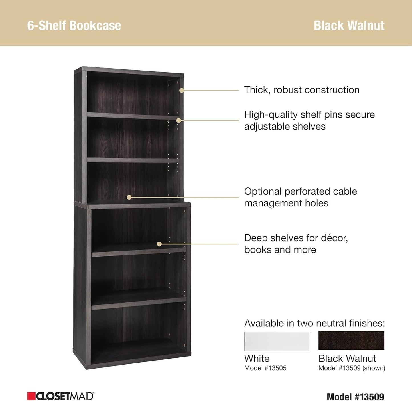 Tall Bookshelf Black Walnut Finish With Adjustable Shelves