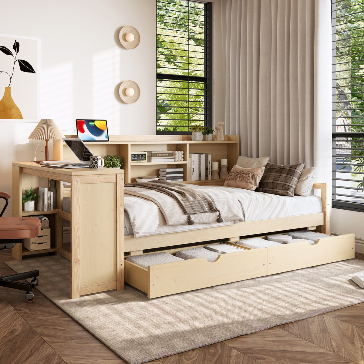 Twin Size Corner Daybed with Storage Drawers & Desk