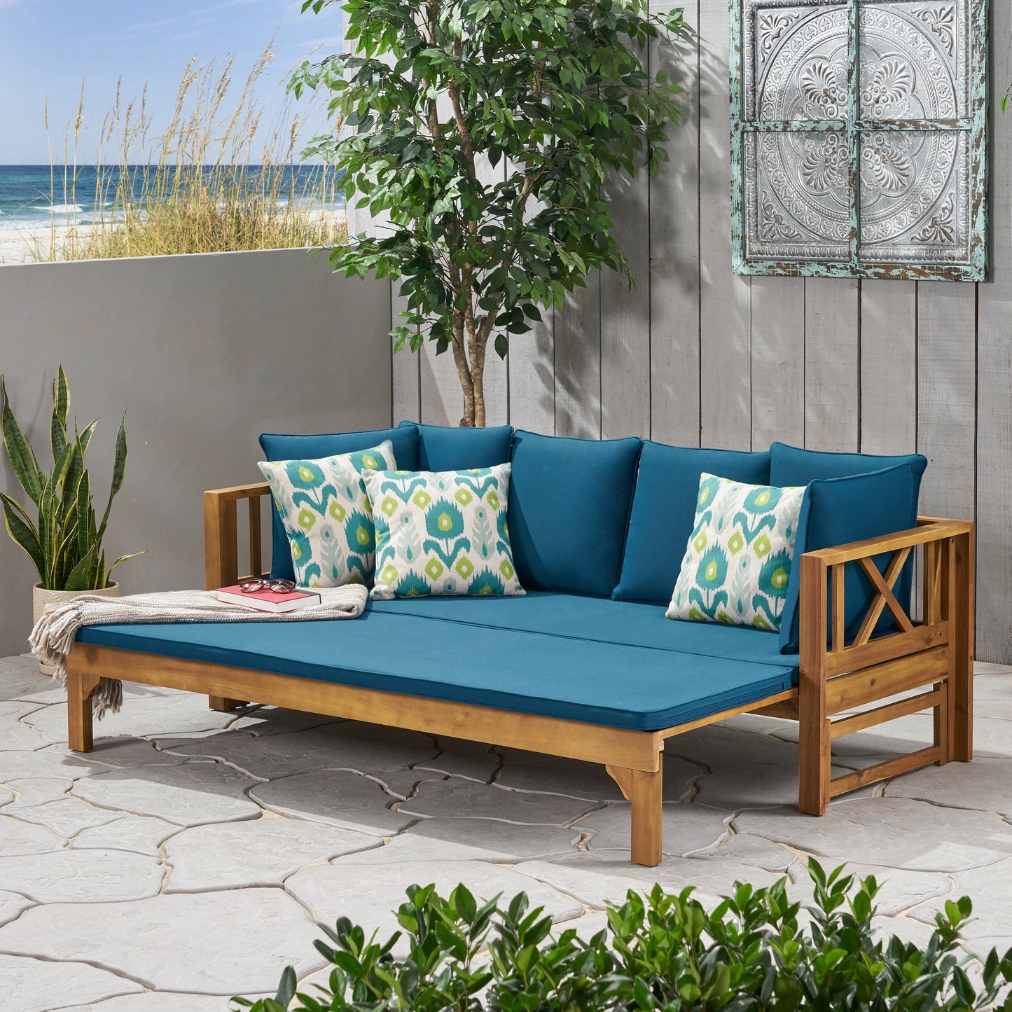 Outdoor Extendable Acacia Wood 3 Seater Sofa